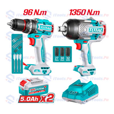 Combo 20v taladro 96nm + llave impacto 1350nm 2x5.0ah + acc industrial