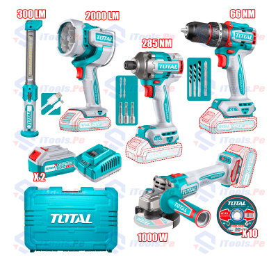 COMBO 5 EN 1: TALADRO 66NM + ATORNILLADOR 285NM + AMOLADORA  + LINTERNA  2000LM + LINTERNA 300LM