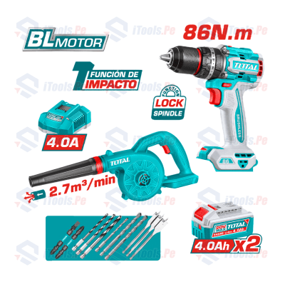 TALADRO 86NM Y SOPLADORA TOTAL 20V + 2 BAT 4AH + CARGADOR RAPIDO TOTAL