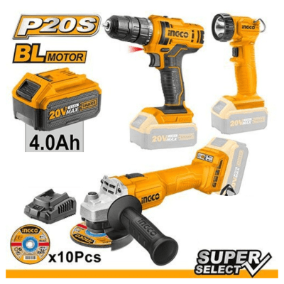 SET TALADRO ATORNILLADOR + AMOLADORA + LINTERNA INGCO – CKLI20418SIN