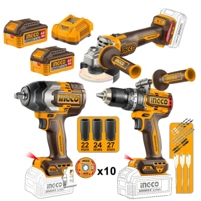 KIT Taladro percutor 96nm + Llave de impacto 850nm + Amoladora 20v Ingco COSLI251292