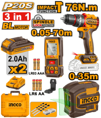 COMBO 3 EN 1: TALADRO 76NM + NIVEL LASER 35MTS LUZ VERDE + MEDIDOR DE DISTANCIA INGCO COSLI250511 0