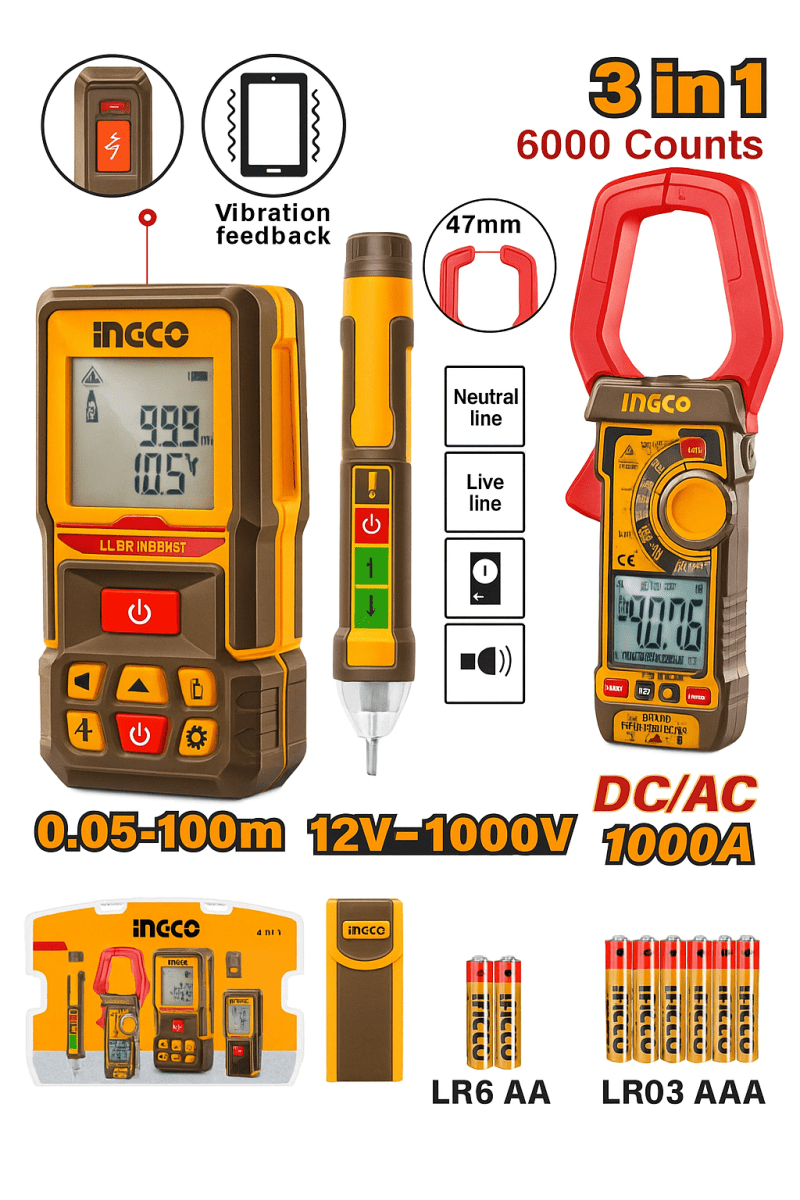 DISTANCIADOR LÁSER INGCO 100M + PINZA AMPERIMÉTRICA + DETECTOR DE TENSIÓN HLDD2412021