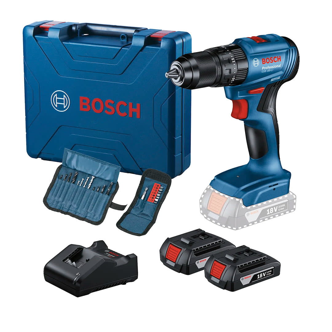 Taladro Percutor Bosch 18V GSB 185-Li + 2B + Accesorios / 06019K31E22