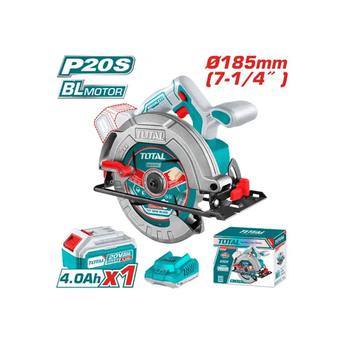 SIERRA CIRCULAR 7” TOTAL 20V 4800RPM 185MM BL MOTOR BRUSHLESS + BATERÍA 4.0 AH+ CARGADOR INDUSTRIAL1