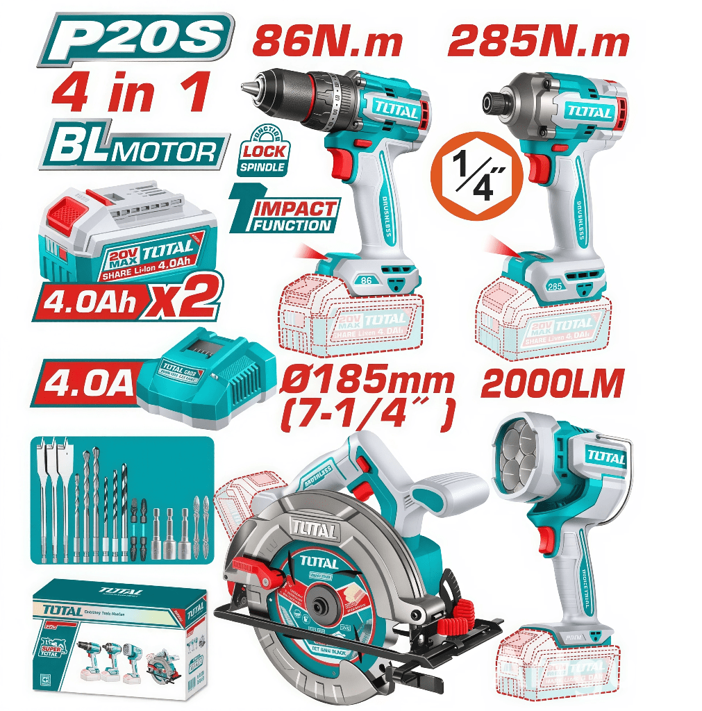 COMBO INALÁMBRICO DE TALADRO + ATORNILLADOR + SIERRA CIRCULAR + LAMPARA 20V 4PCS TOSLI251082 TOTAL1