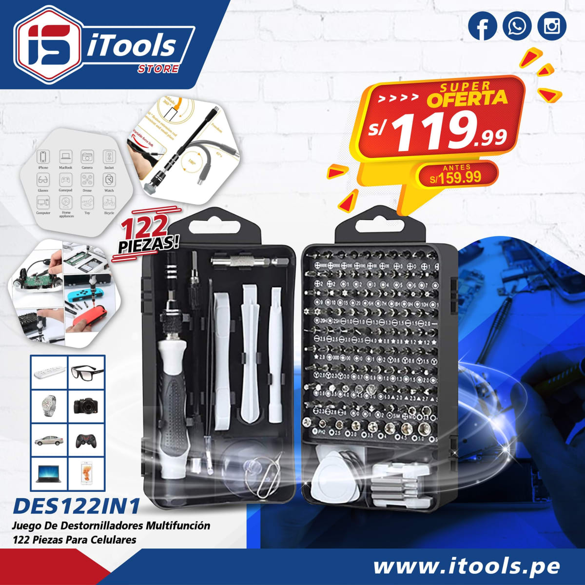 JUEGO DE DESTORNILLADORES DE PRECISIÓN 122 EN 1 . MULTIFUNCIÓN PARA REPARACIÓN DE CELULARES, ETC.10
