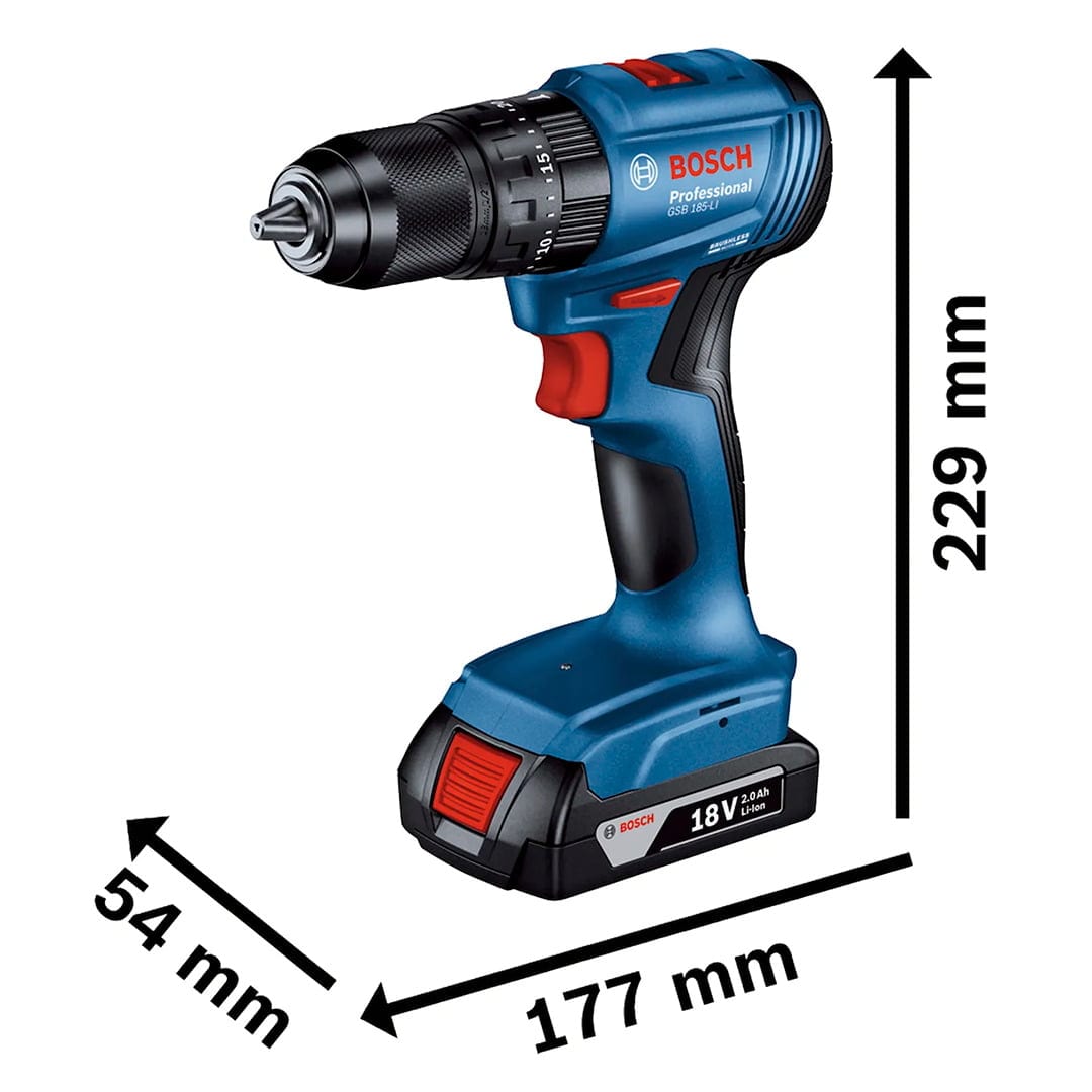 Taladro Percutor Bosch 18V GSB 185-Li + 2B + Accesorios / 06019K31E23