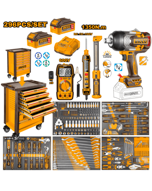 CARRO DE HERRAMIENTAS 296 PCS + LLAVE IMPACTO 1350NM + INSTRUMENTOS INGCO HTCS2829621