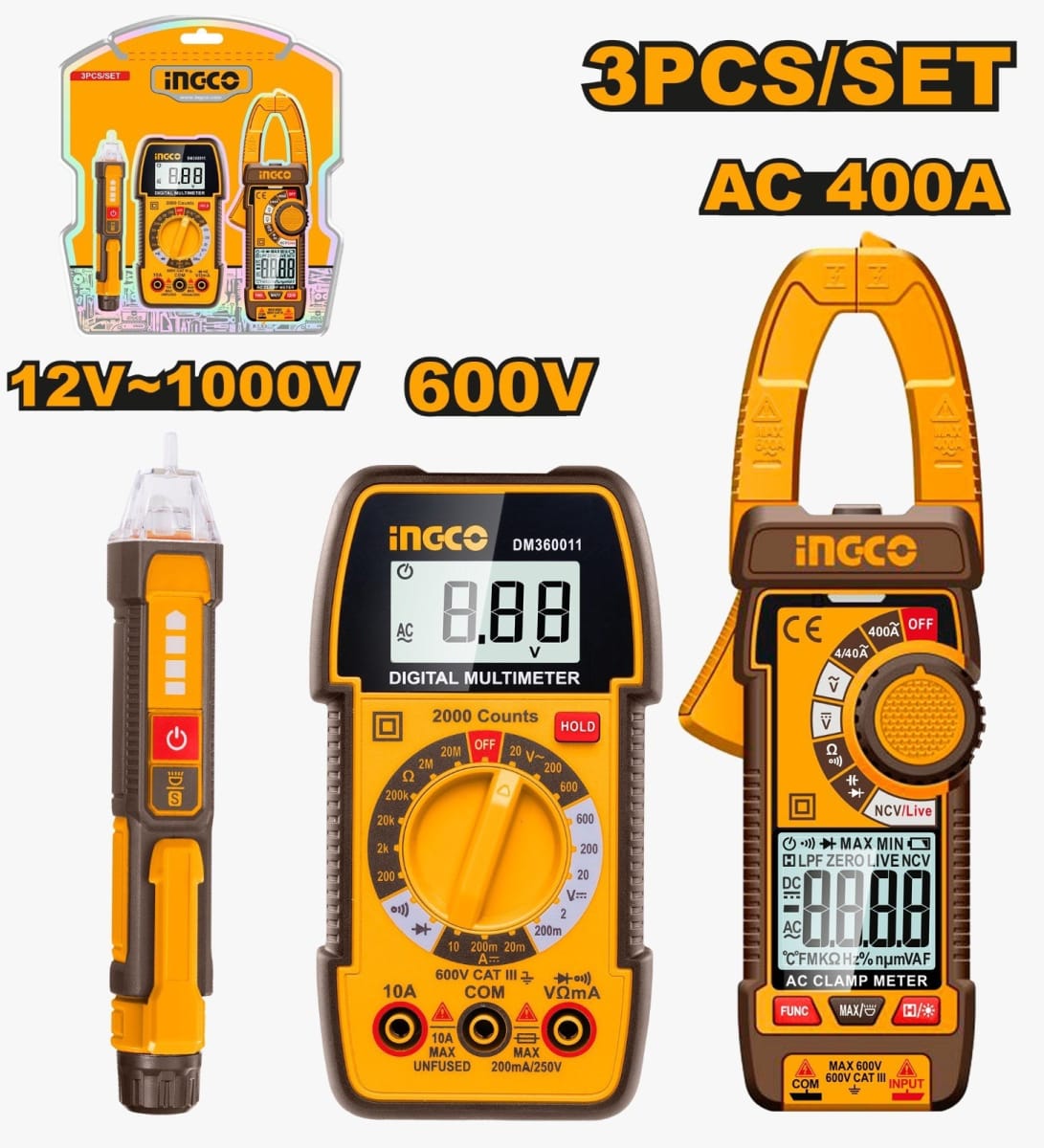 KIT DE PRUEBA DE DETECTOR + PINZA AMPERIMÉTRICA Y MULTIMETRO DIGITAL INGCO DM30681