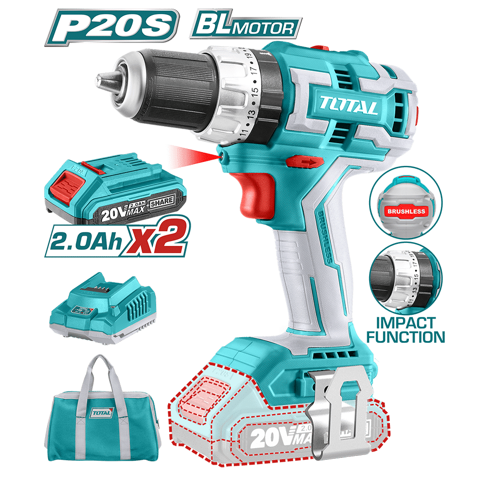 TALADRO PERCUTOR DE IMPACTO 20V INALÁMBRICO BRUSHLESS - TIDLI20608 TOTAL4