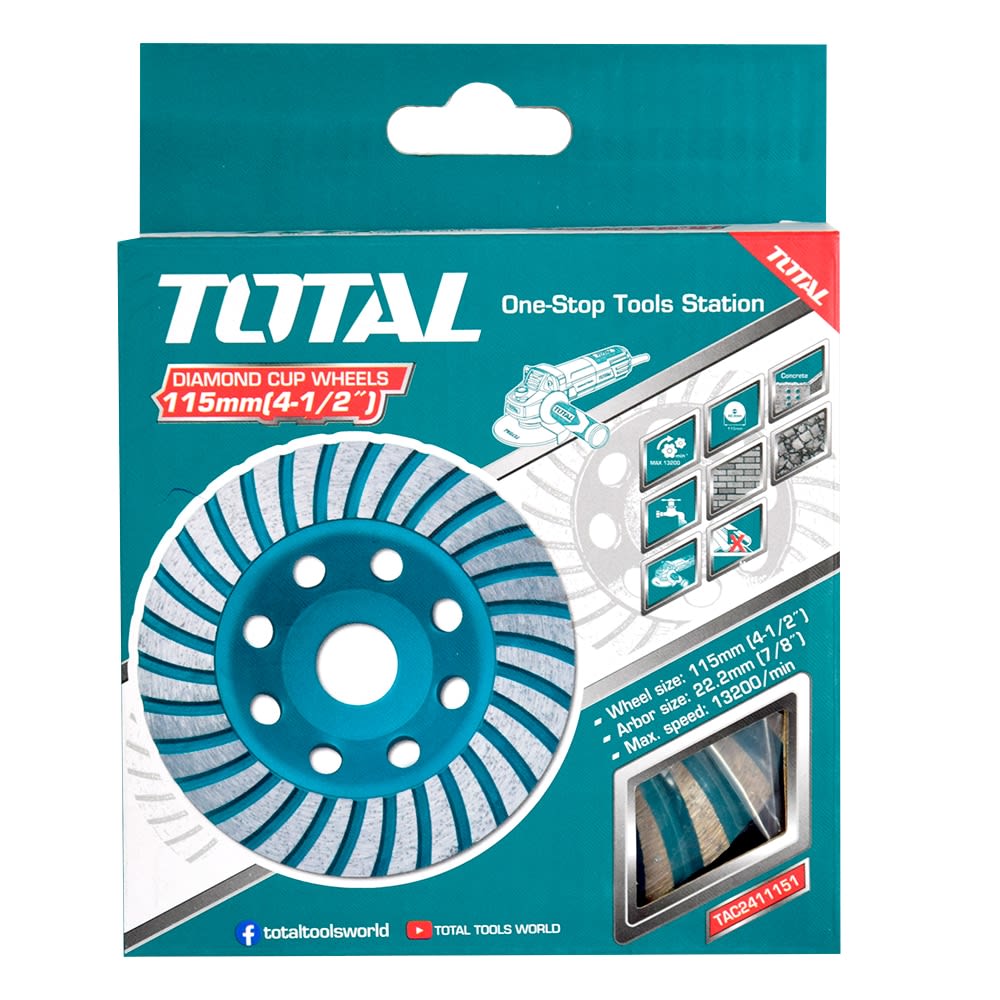 DISCO DIAMANTADO COPA DESBASTE TURBO 115MMX20MM ARBOR 22.22MM TOTAL TAC24111511