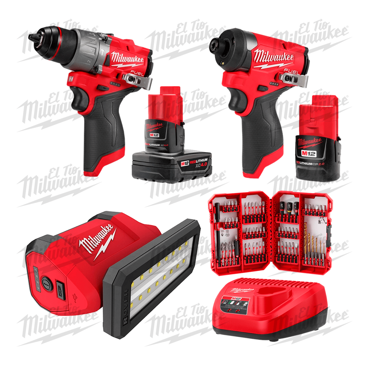 COMBO TALADRO 1/2 + ATORNILLADOR DE IMPACTO 1/4 REFLECTOR ROVER M12 + SET DE PUNTERAS MILWAUKEE1