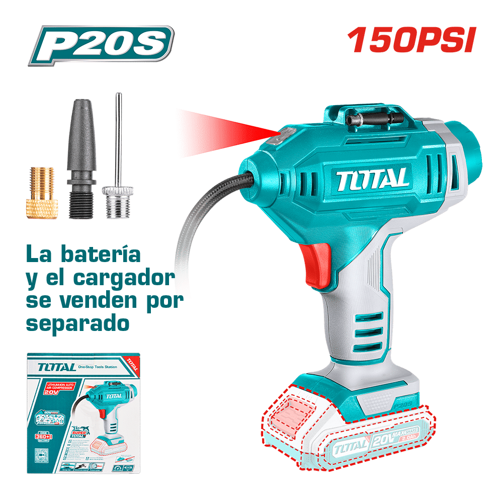 MINICOMPRESOR DE AIRE PARA AUTOMOVIL LI-ION 20V 150PSI 10.34BAR TOTAL -TACLI20181