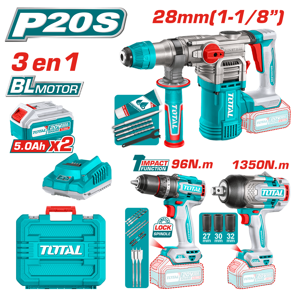 COMBO 20V ROTOMARTILLO 28MM + TALADRO 96NM + LLAVE IMPACTO 1350NM 2X5.0AH + ACC INDUSTRIAL1