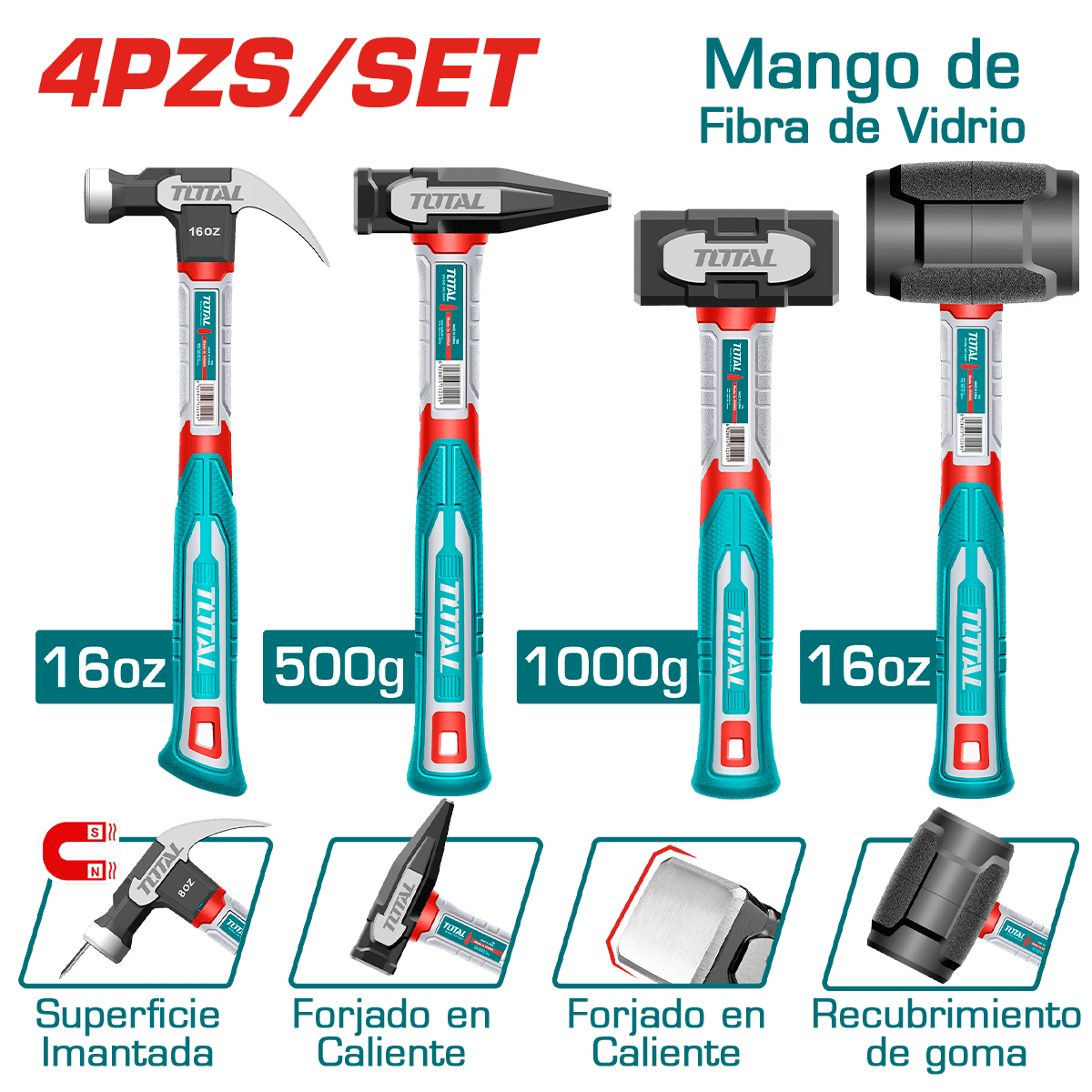 COMBO MARTILLOS: UÑA 16OZ + MECANICO 500G + ALBAÑIL 1000G + GOMA 16OZ TOTAL - THCH60041