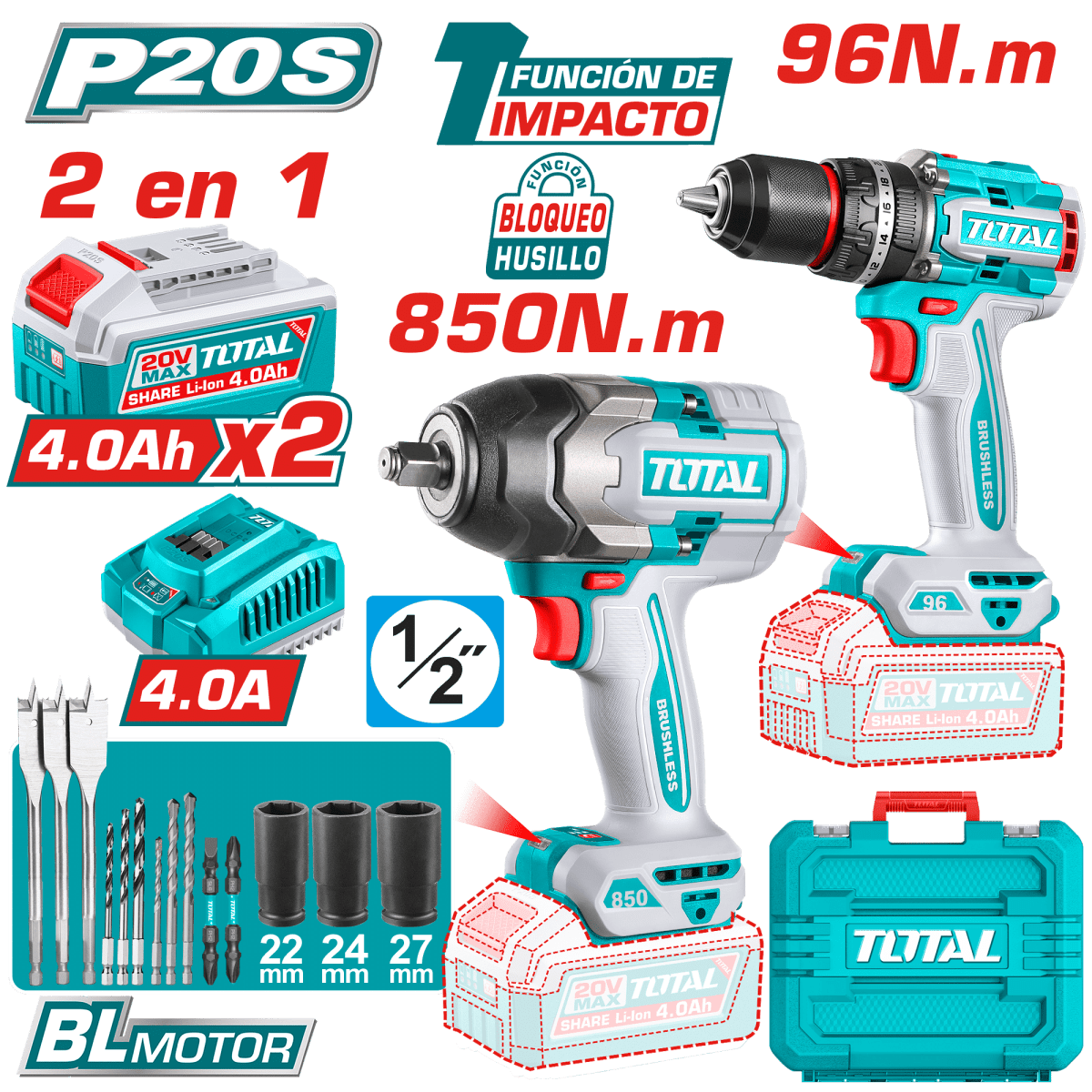 COMBO 2 EN 1: TALADRO 96NM + LLAVE DE IMPACTO 850NM TOTAL - TOSLI2505861