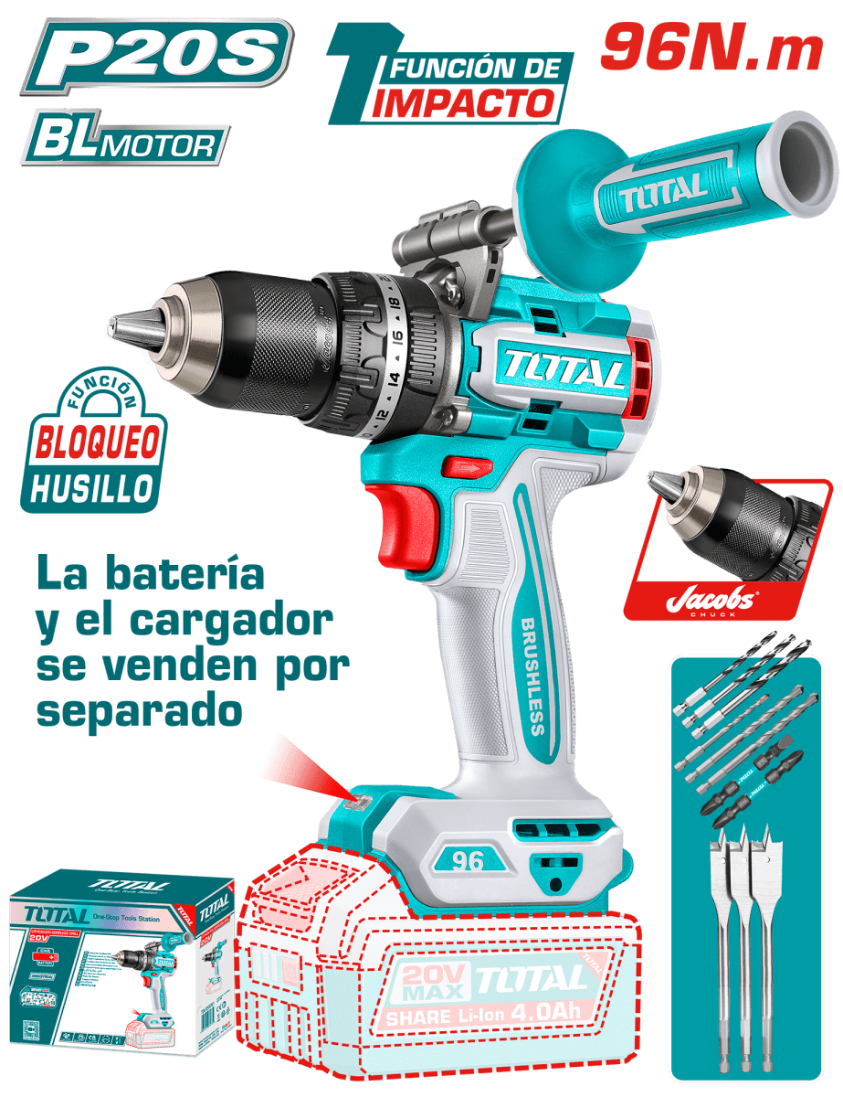 TALADRO PERCUTOR BARETOOLS LI-ION 20V 96NM 13MM BRUSHLESS +ACC Y MANGO TIDLI2096851