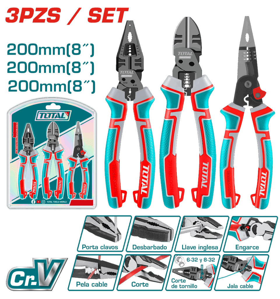 SET DE ALICATES 3PCS CR-V 200MM(8'') (ONE TIME) INDUSTRIAL - THT2MK2311
