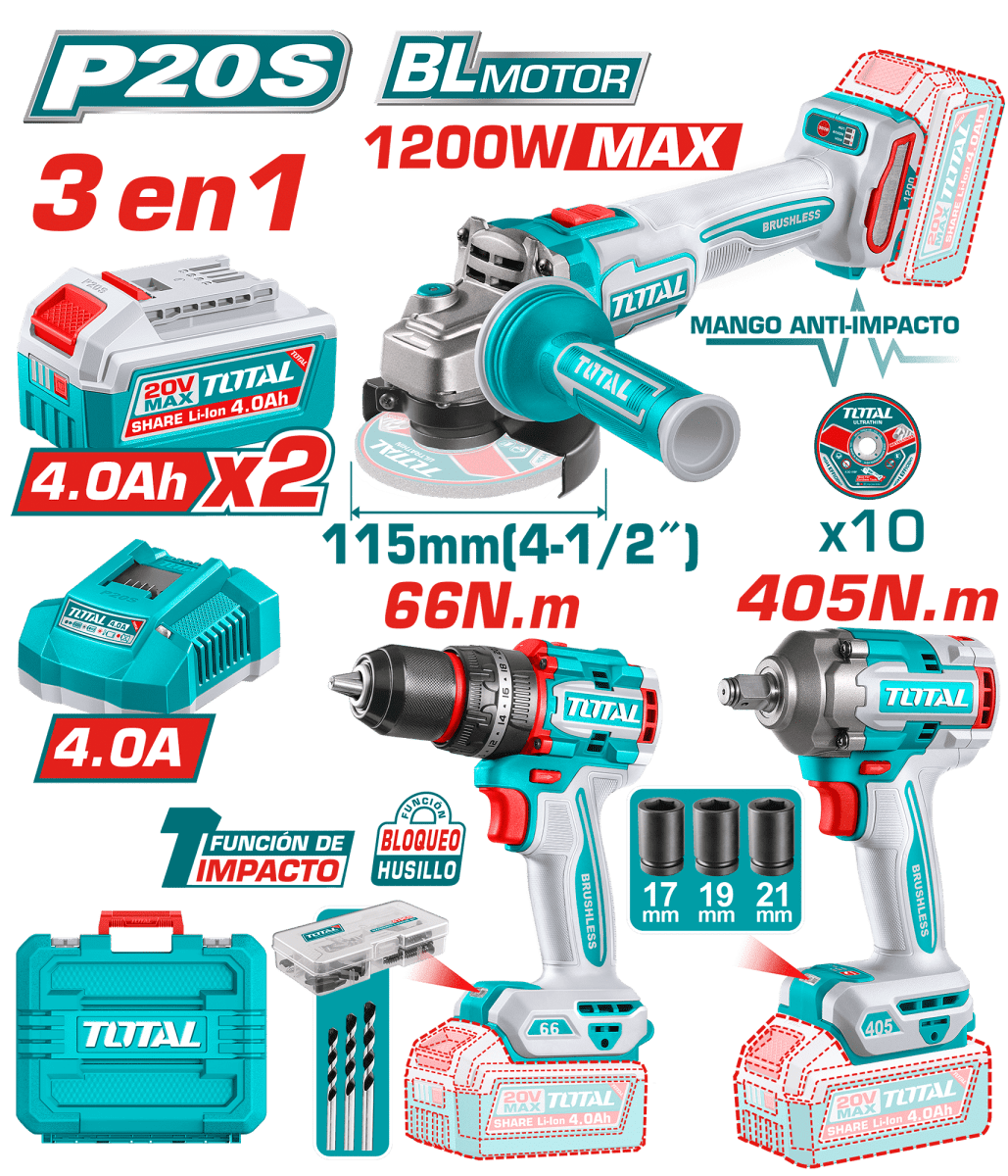 COMBO 3EN1 20V TALADRO 66NM + LLAVE 405NM + AMOLADORA 1200W 2X4.0AH + ACC MALETIN INDUSTRIAL1