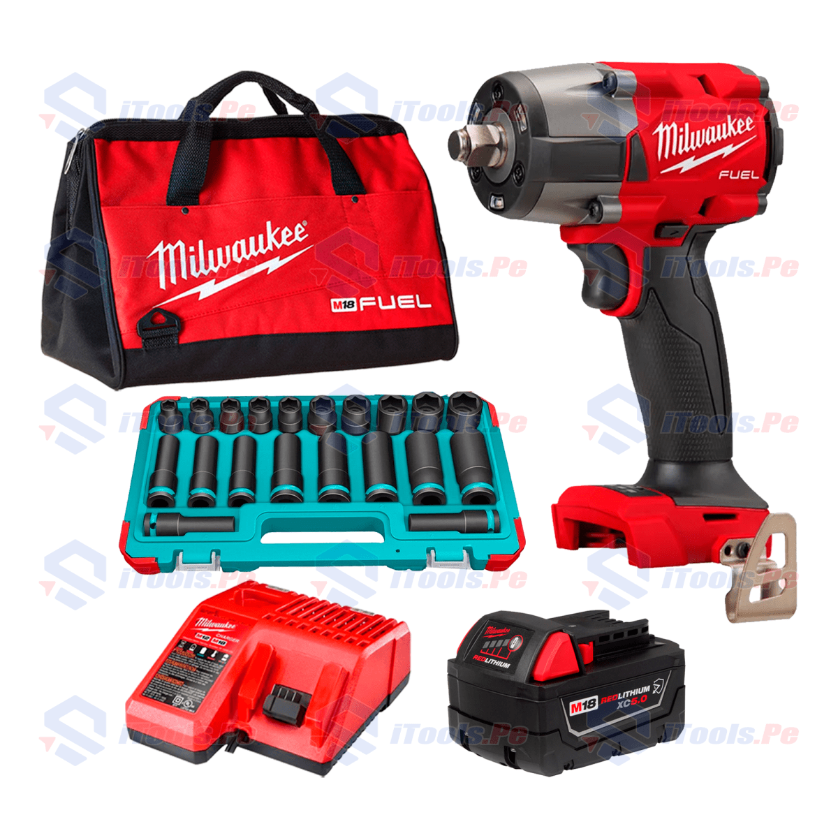 Pack de Llave de Impacto 881NM Milwaukee + Jgo dados de Impacto 20Pcs Total + Bat 5Ah + Cargador y Maleta Lona1