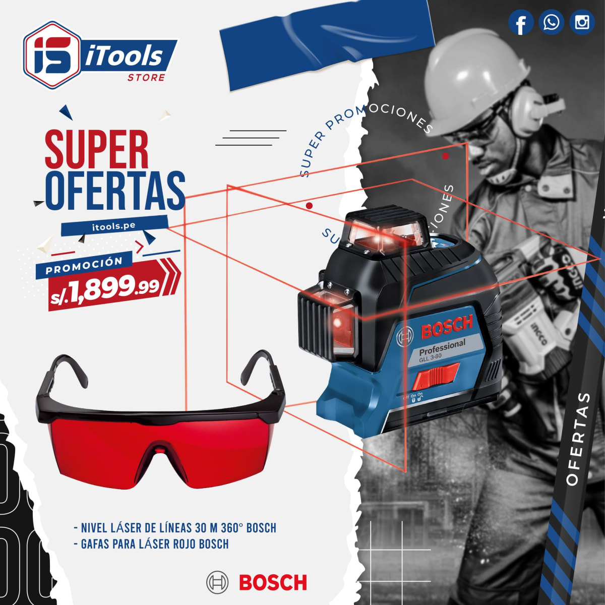 NIVEL LASER DE PLANOS 360° GLL 3-80 BOSCH ROJO + GAFAS PARA LÁSER ROJO BOSCH1