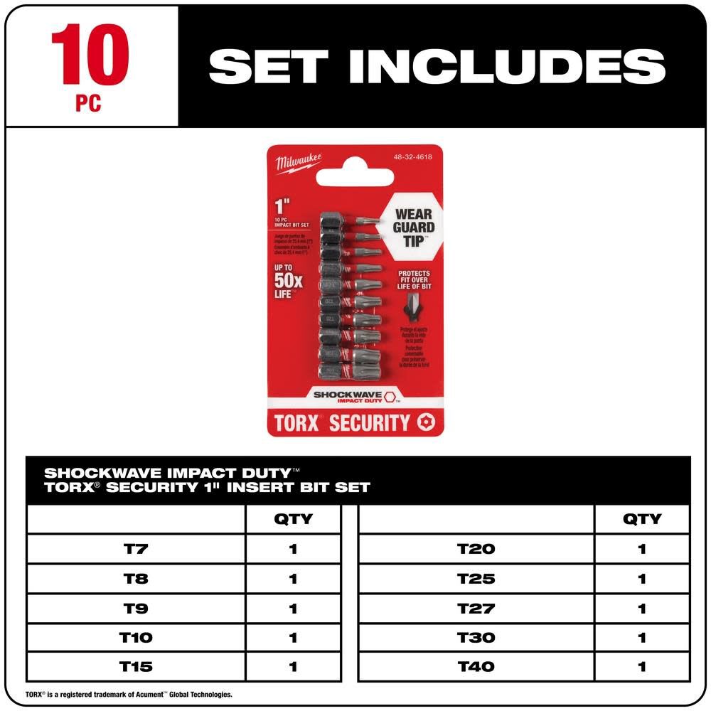 MILWAUKEE JUEGOS DE PUNTAS DE INSERCIÓN DE SEGURIDAD TORX DE IMPACTO SHOCKWAVE DE 10 PCS7