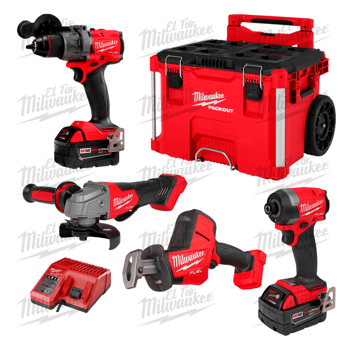 KIT COMBINADO DE 4 HERRAMIENTAS MILWAUKEE M18 FUEL + CAJA PACKOUT CON RUEDAS1