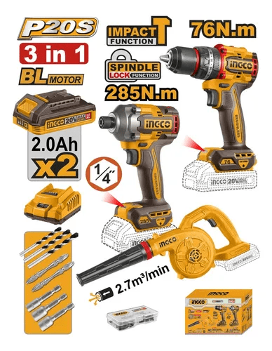 KIT ATORNILLADOR DE IMPACTO 285NM + TALADRO PERCUTOR 76NM + SOPLADORA INGCO/ COSLI2501821