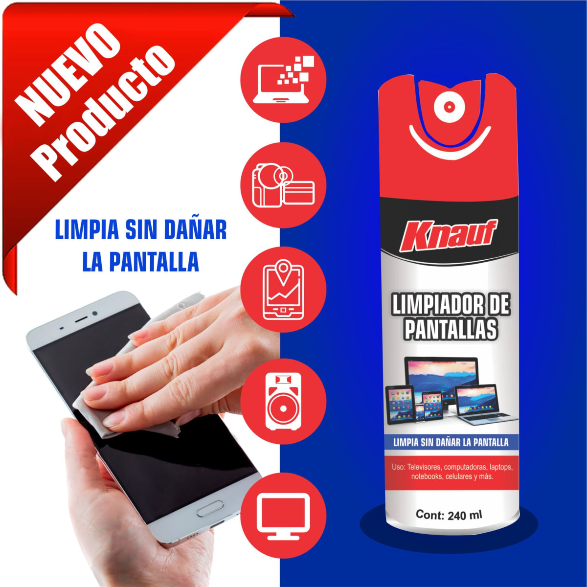 LIMPIADOR DE PANTALLAS (COMPUTADORAS , LAPTOPS , CELULARES ) 240 ML KNAUF2