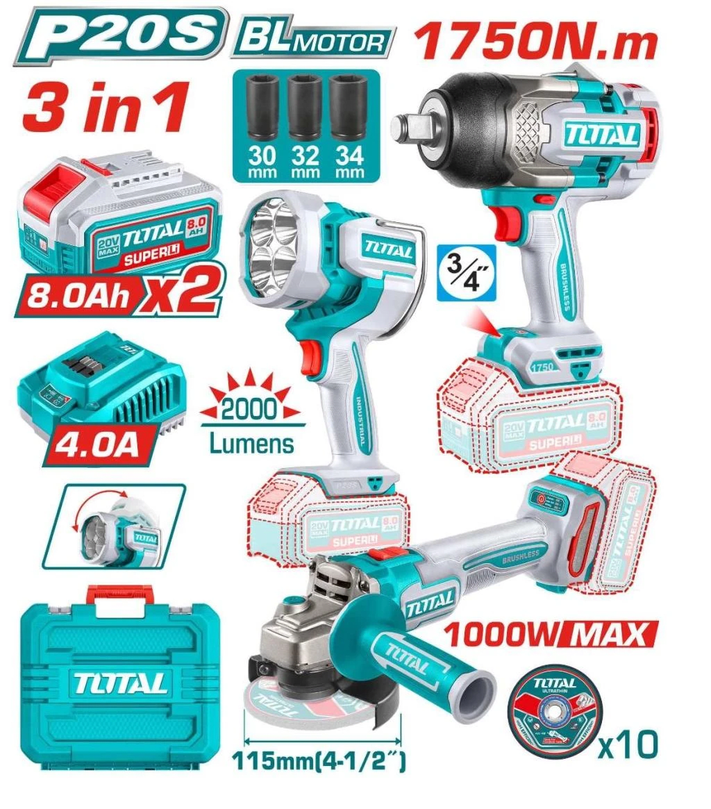 Kit Llave de Impacto 1750Nm + Esmeril 1000wMax + Linterna + Accesorios1