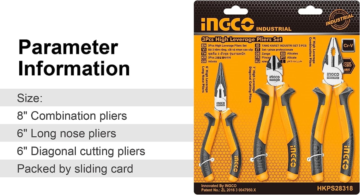 SET ALICATES UNIVERSAL CORTE Y PUNTA INGCO 3 PIEZAS3