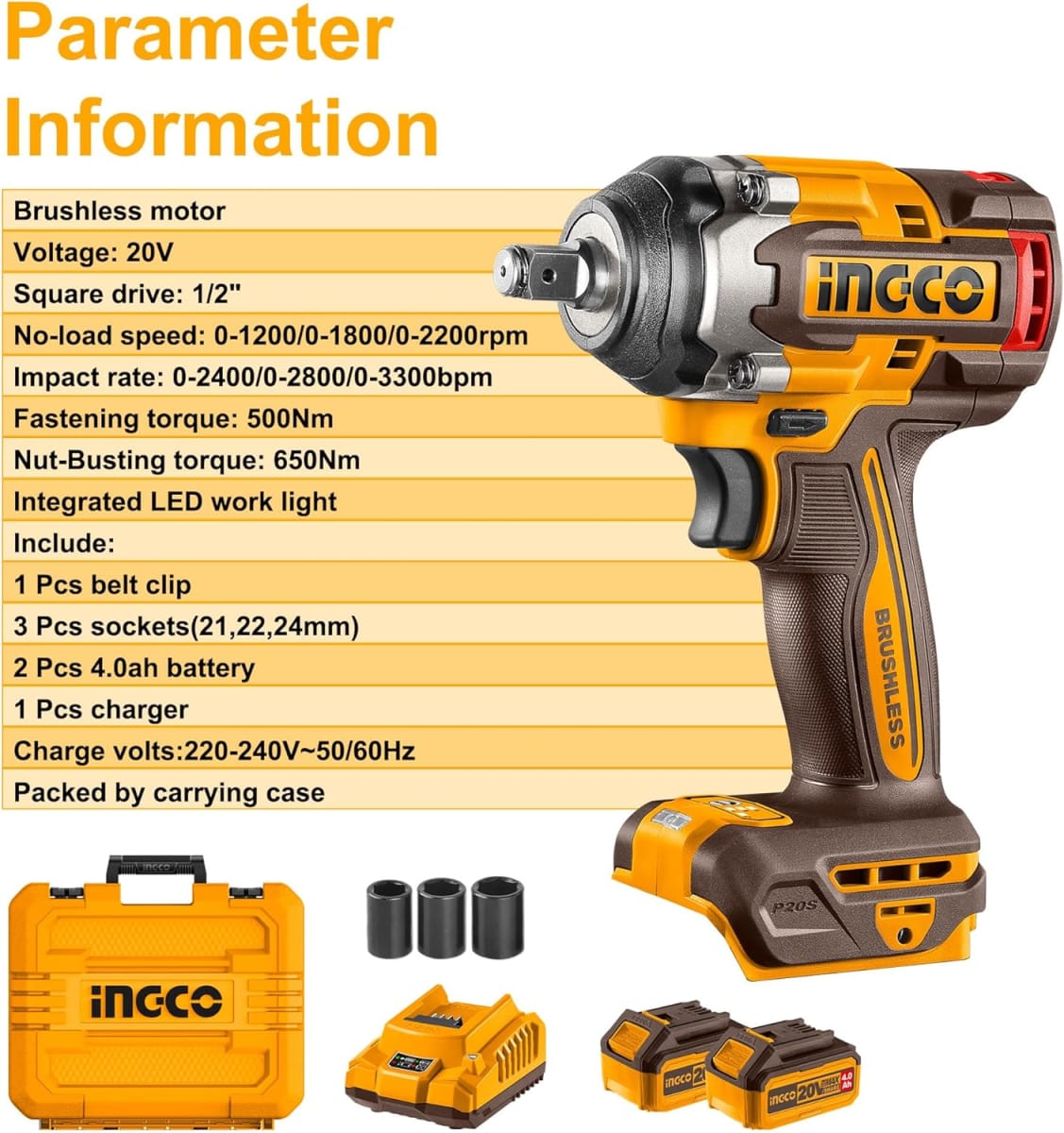 LLAVE DE IMPACTO DE 20V - 1/2  - 500NM  INGCO - CIWLI20502