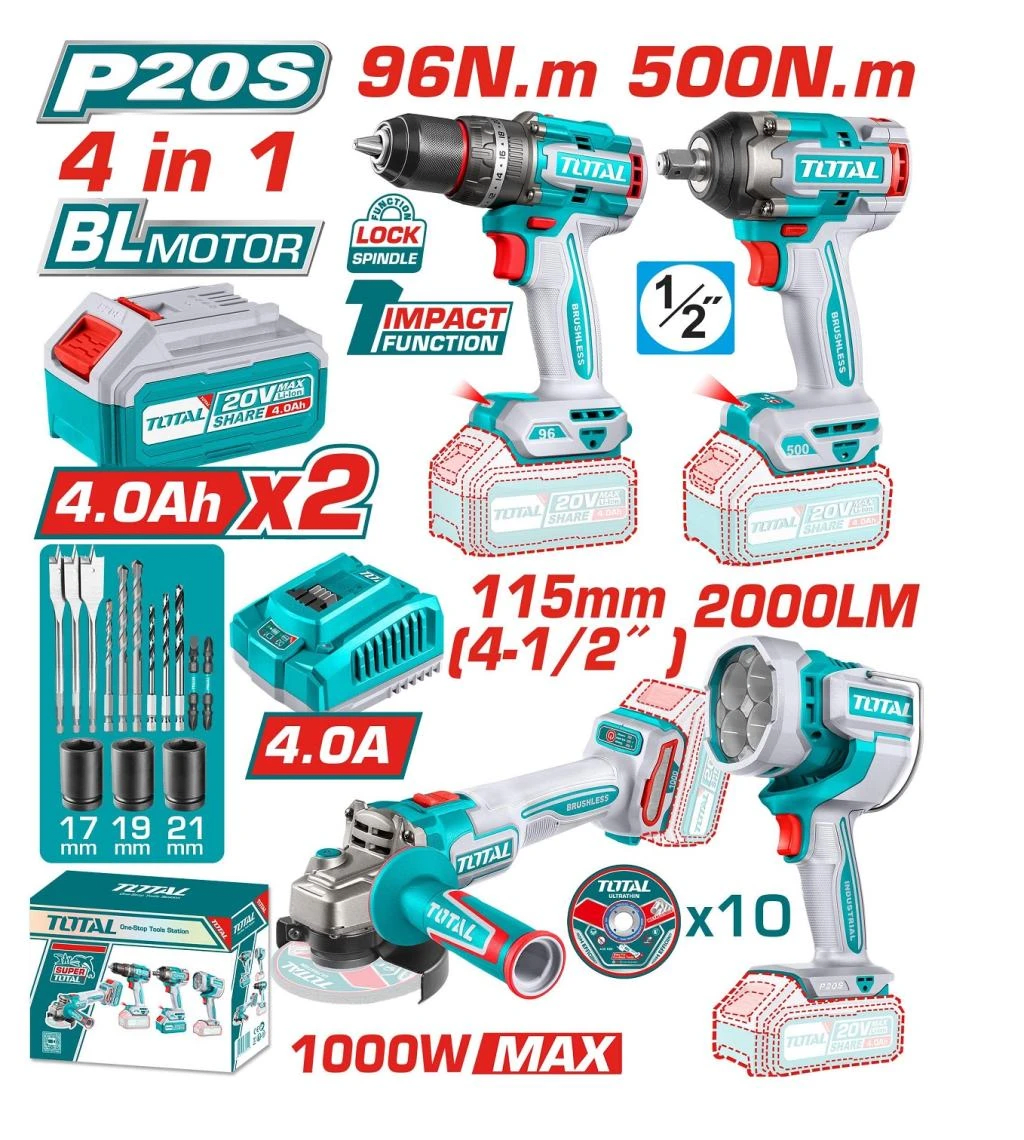 COMBO 4 EN 1: TALADRO 96NM + LLAVE DE IMPACTO 550NM + AMOLADORA + LINTERNA TOTAL / TOSLI2412921