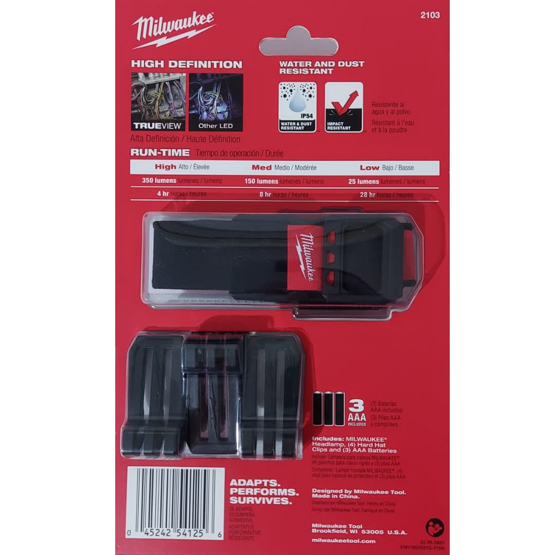 LINTERNA FRONTAL DE CABEZA 350LM IP54 MILWAUKEE 2103-203