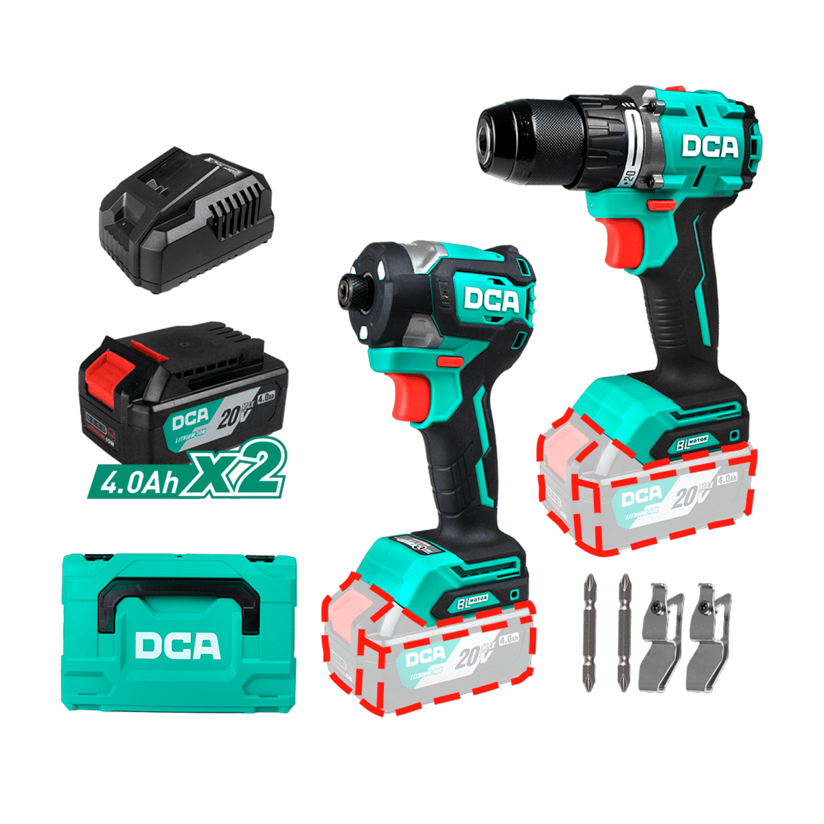 KIT TALADRO PERCUTOR + ATORNILLADOR DE IMPACTO 20V BRUSHLESS 4,0 AH DCA / ADKIT26-EK1