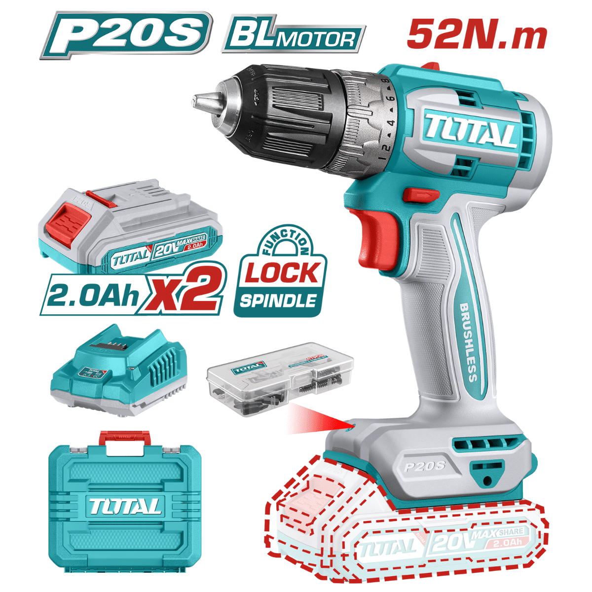 TALADRO ATORNILLADOR BRUSHLESS 52NM + 2 BATERIAS 2 A.H TOTAL / TDLI204531