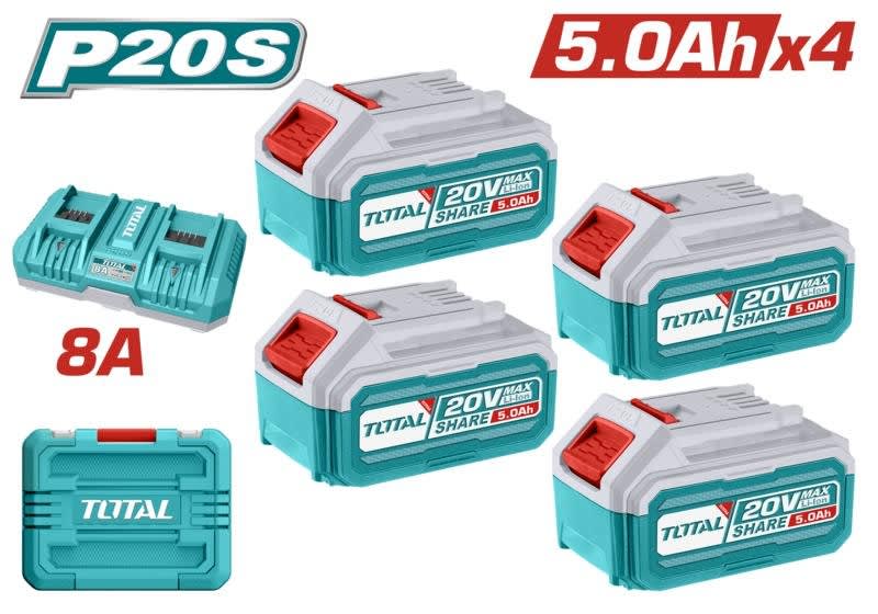 SET DE BATERIAS LI-ION 20V 5.0AH 4PCS + CARGADOR 8A DUAL INDUSTRIAL TOTAL- TFBCLI202851