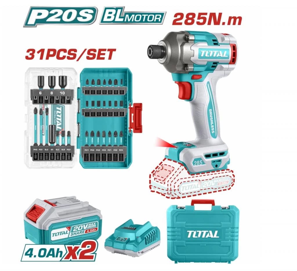 ATORNILLADOR DE IMPACTO 285N.M P20S+ SET DE PUNTAS 31PCS 2X4.0AH INDUSTRIAL - TOSLI2409661