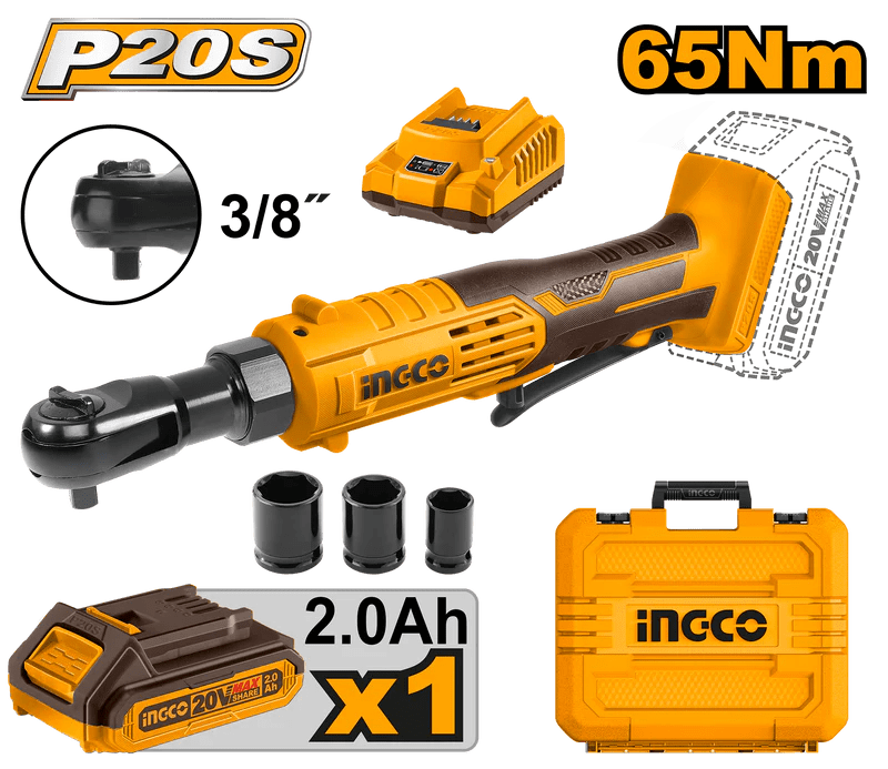 LLAVE RACHET INALAMBRICA 20V INGCO + BATERIA 2AH + CARGADOR + MALETA / CDRLI20601521