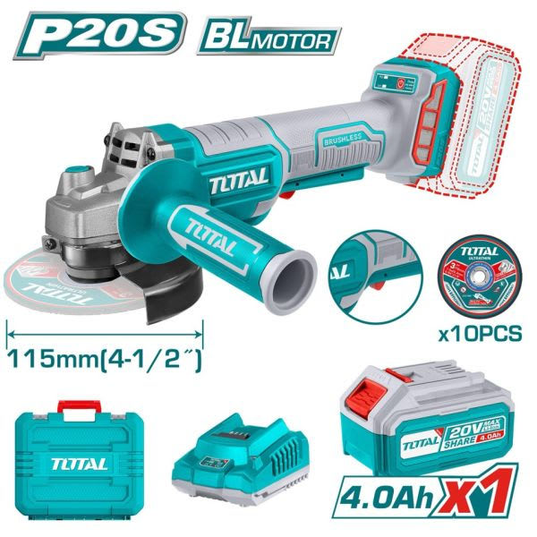 ESMERIL ANGULAR 20V BRUSHLESS CON BOTON DE SEGURIDAD TOTAL1