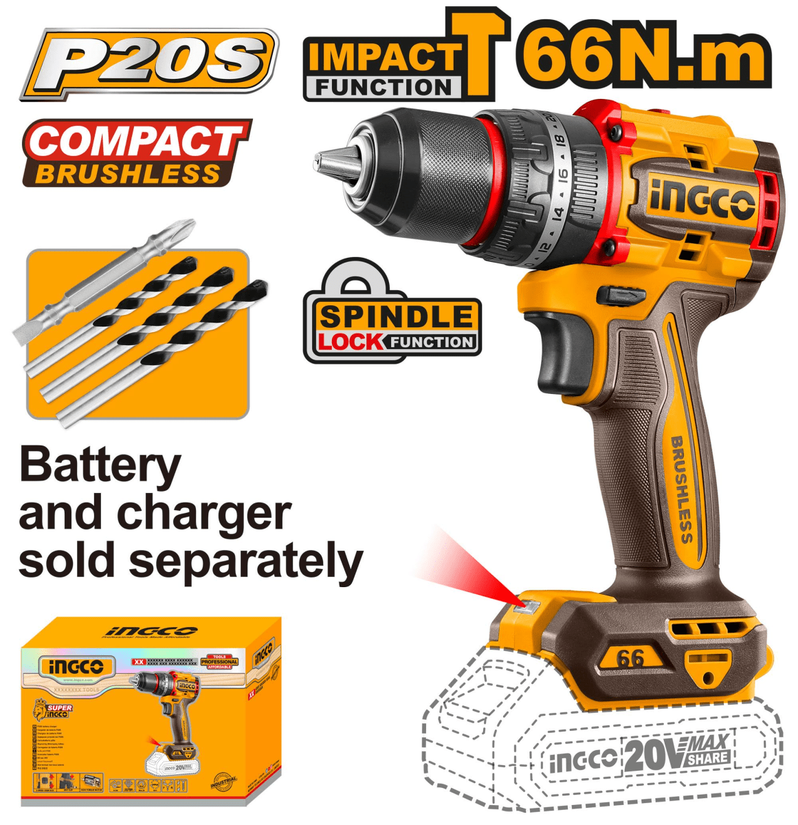 TALADRO PERCUTOR BRUSHLESS 20V 66NM BARETOOLS INGCO / CIDLI2066811