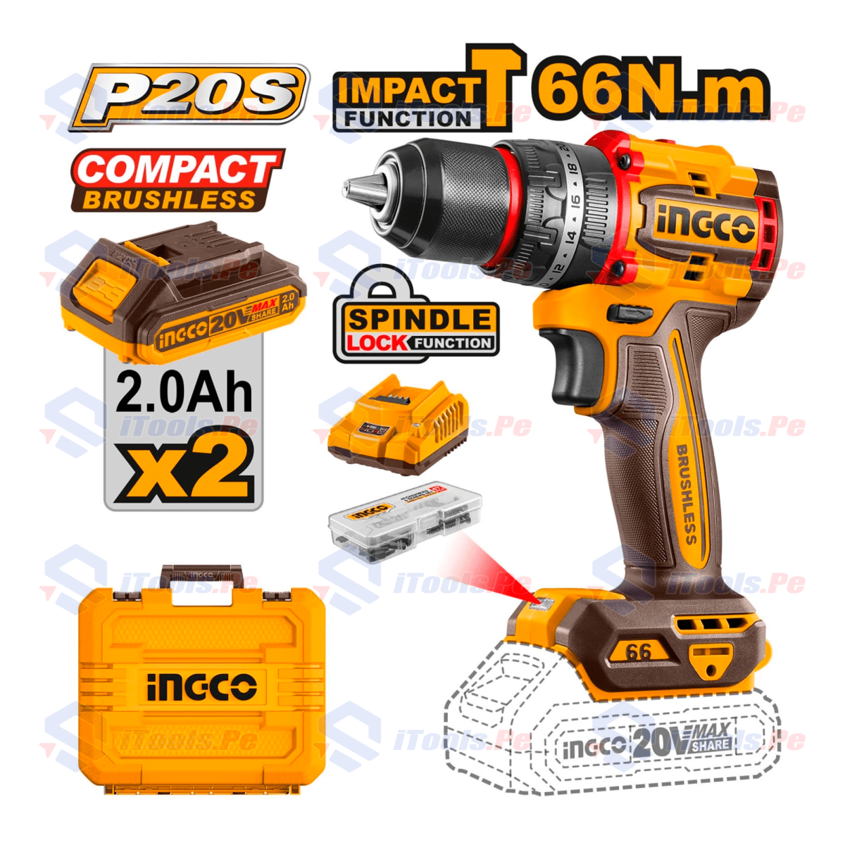 Taladro atornillador c/ percutor brushless 20v 66nm ingco / cidli20668-I1