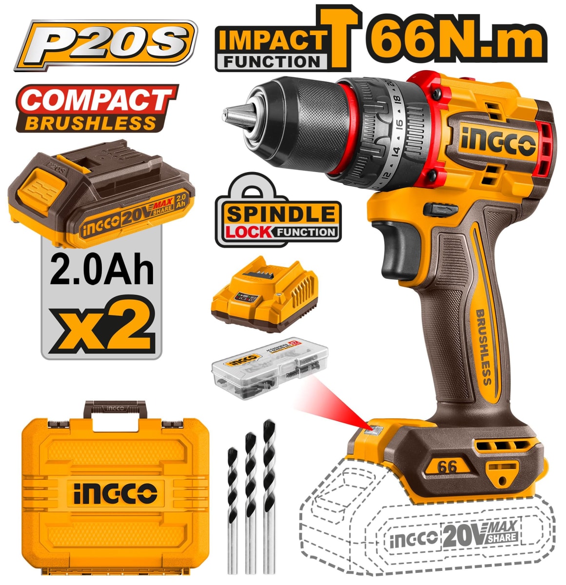 TALADRO ATORNILLADOR C/ PERCUTOR BRUSHLESS 20V 66NM INGCO / CIDLI206681