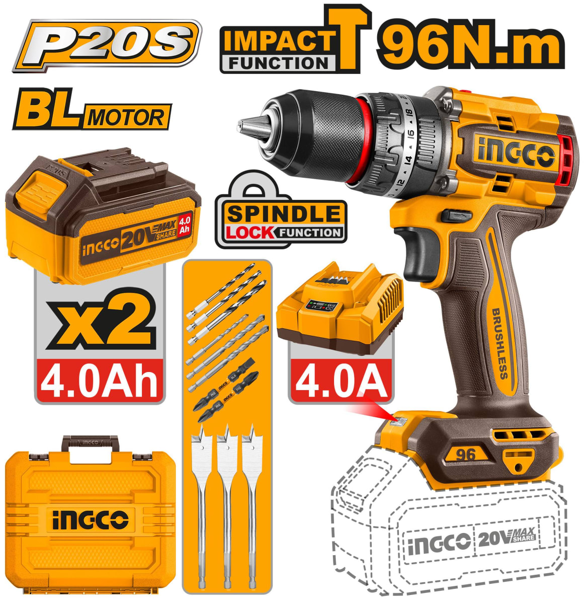 Taladro Percutor 96nm + 2 Baterías 4ah + Cargador Ingco CIDLI209684