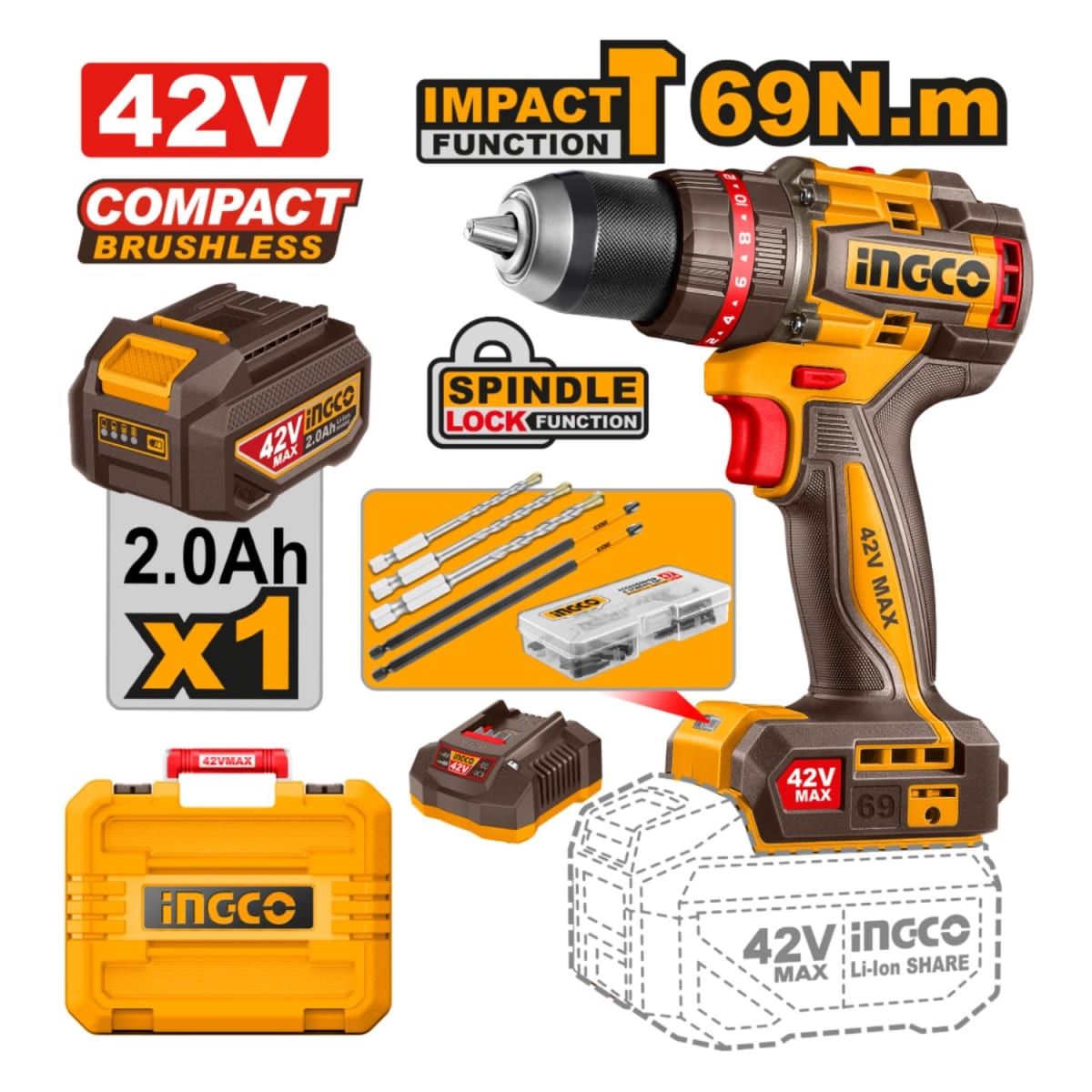 Kit taladro inalámbrico sin escobillas 42V 69 NM INGCO - CIDLI4269812