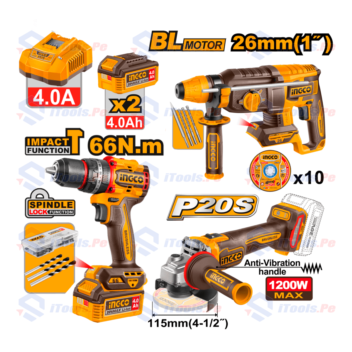 COMBO 3 EN 1 ROTOMARTILLO + AMOLADORA + TALADRO + 3 BATERÍAS 4AH1