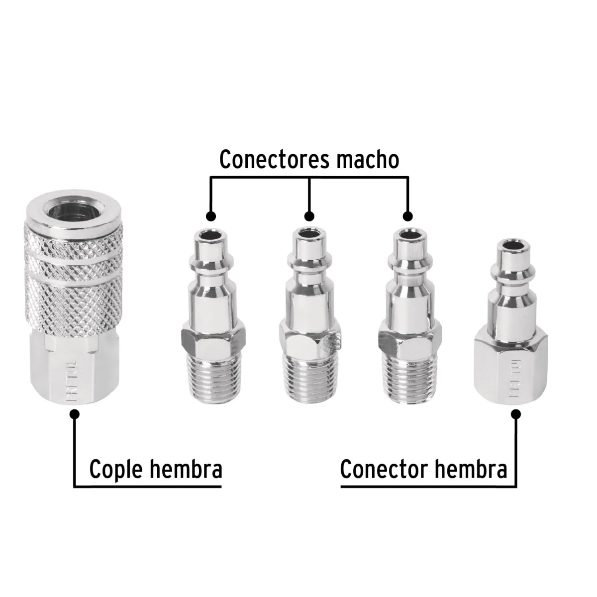 Juego de 4 conectores rápidos y 1 cople, de acero, PRETUL 270212