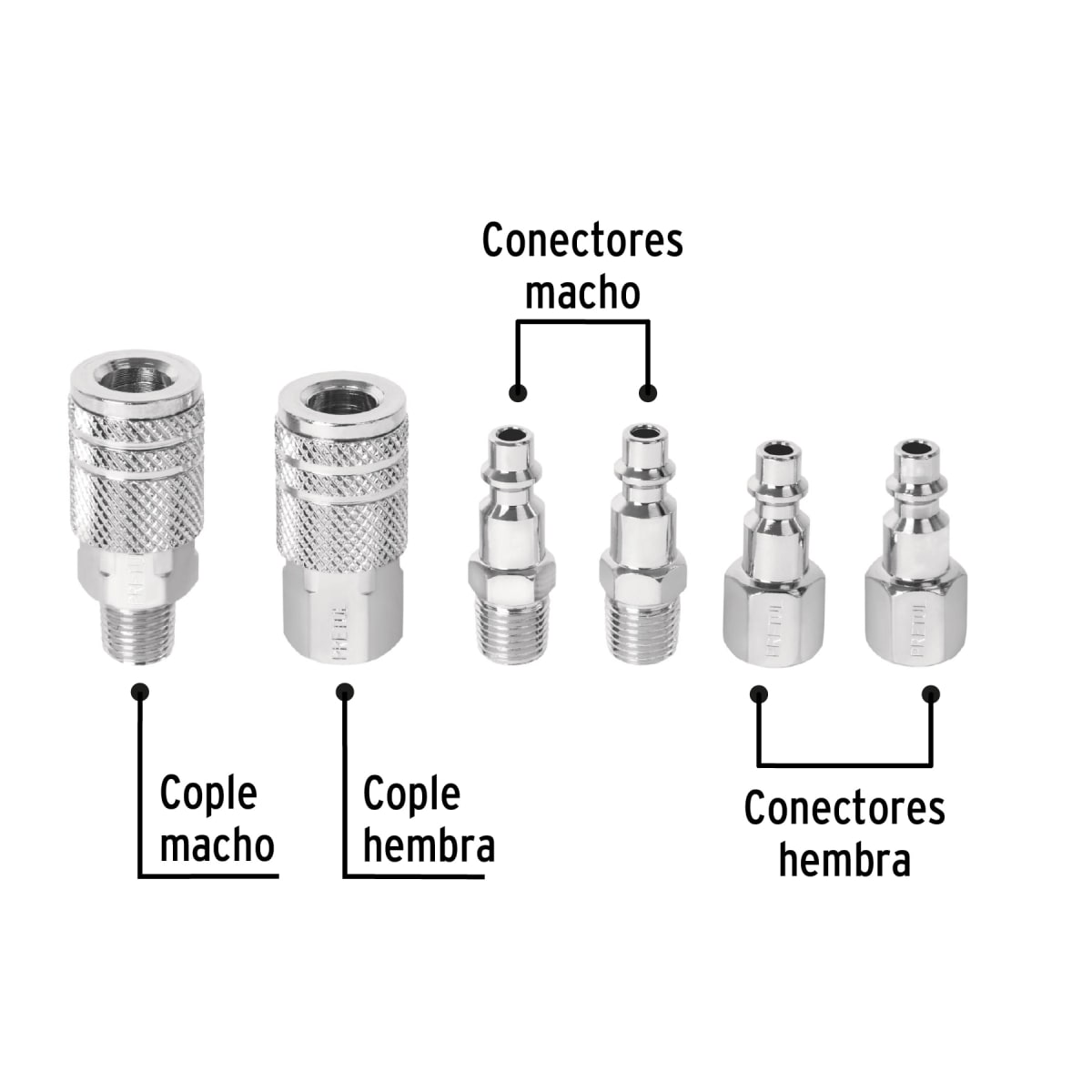 JUEGO DE 4 CONECTORES Y 2 ACOPLES, COMPRESORA DE AIRE, PRETUL2