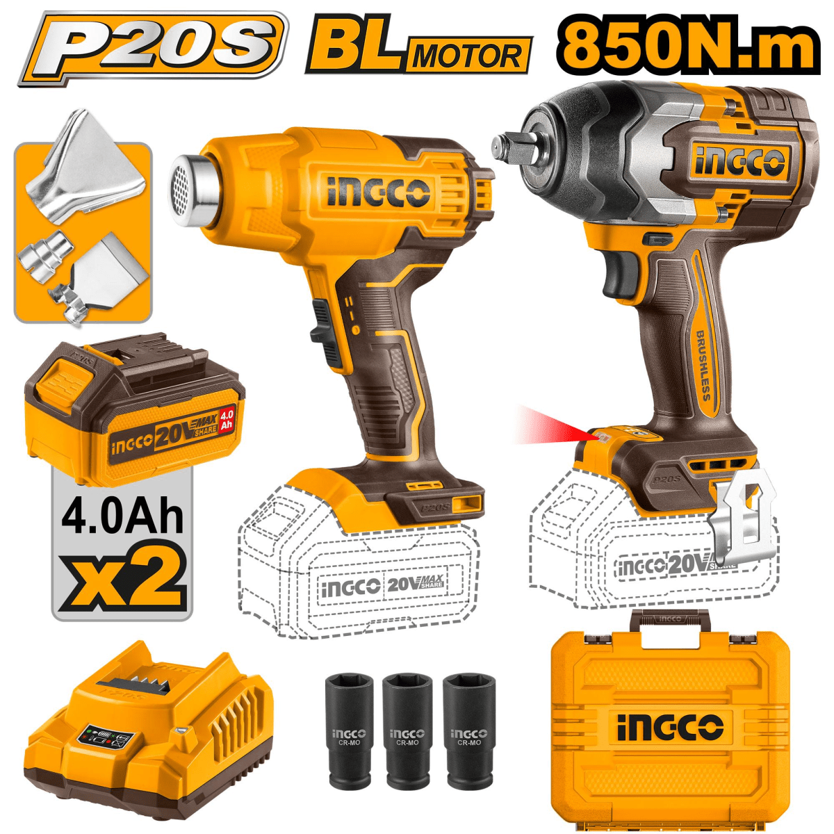 LLAVE DE IMPACTO 850 NM + PISTOLA DE CALOR INALAMBRICA 550°C 20V INGCO / COSLI2404891